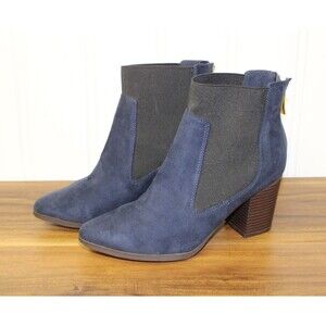 FIONI WOMENS BLUE SUEDE SHOES STACK HEEL BOOTIES‎ SIZE 9 WITH GOLD ZIPPER